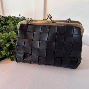 margot New York Weaved Leather Shoulder Bag W/Chain Strap Black